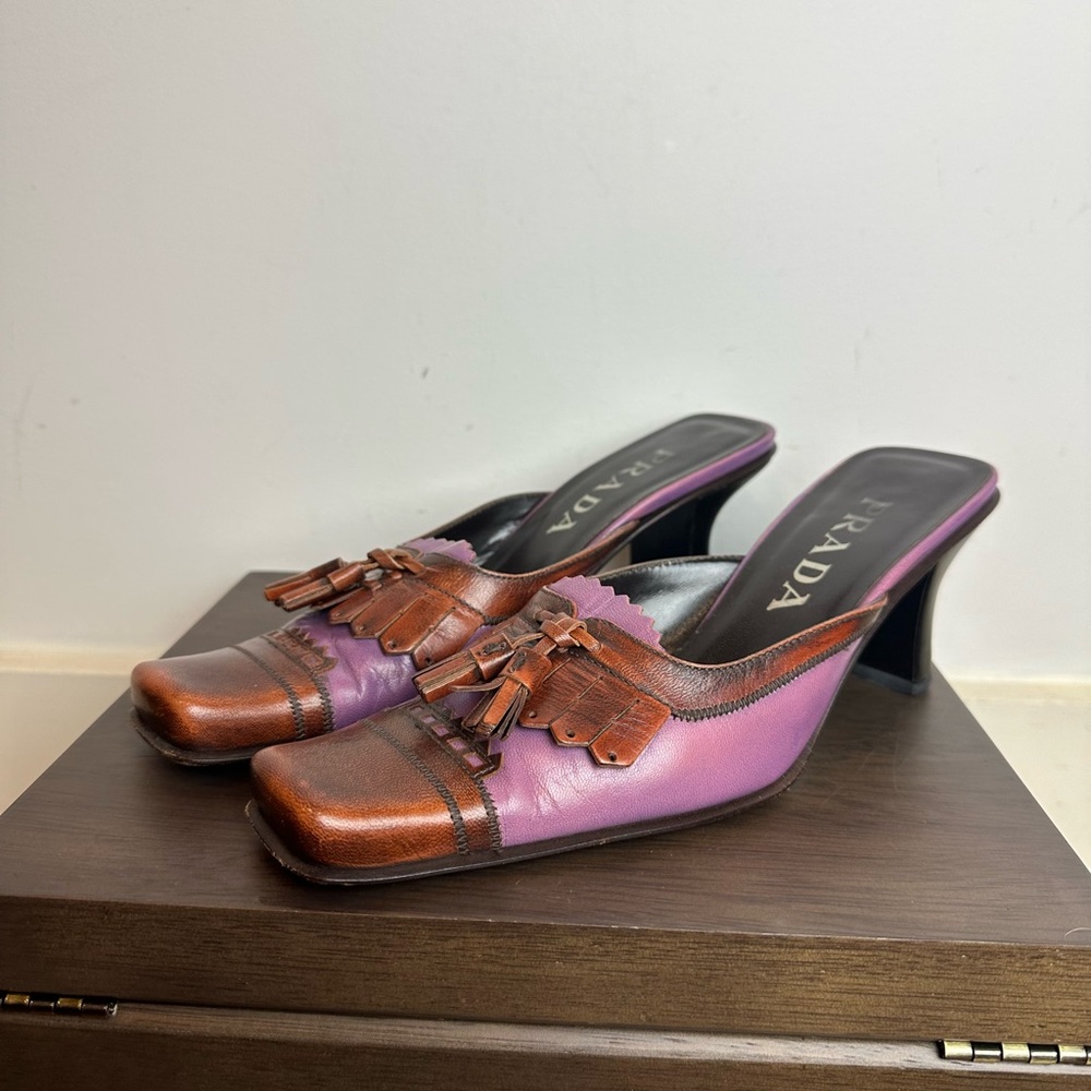 Prada brown purple leather mule heels